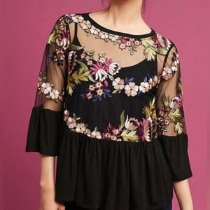 Anthropologie Erin + Ali Mesh Embroidered Floral Peplum Blouse Size Small